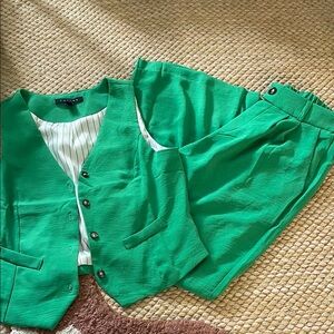 Green Vest and Wide Leg Pants Set